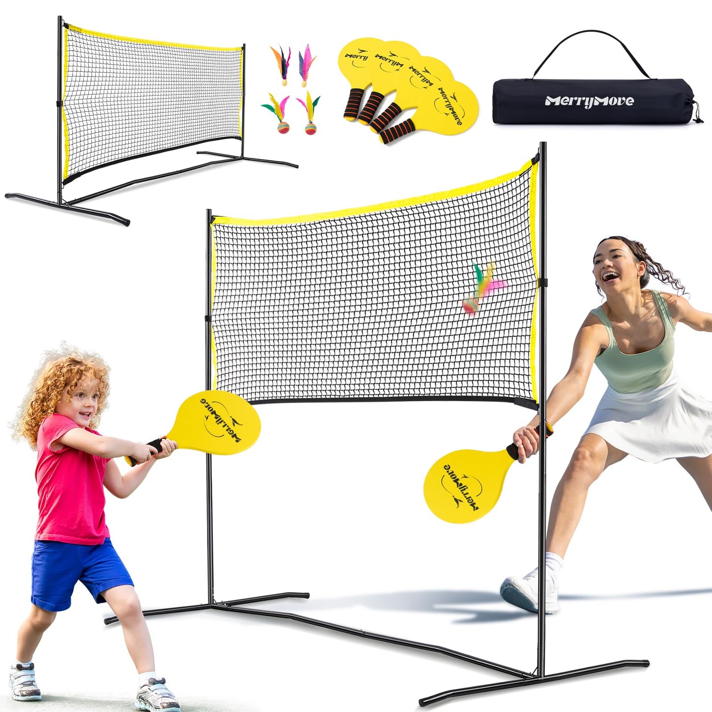 MerryMove 6ft Portable Pickleball & Paddle Ball Set: Easy Setup Paddle Game with Net, Similar to Badminton, Pingpong, and Jianzi, All-in-1 Set for Lawn, Backyard, Camping, Beach Indoor & Outdoor