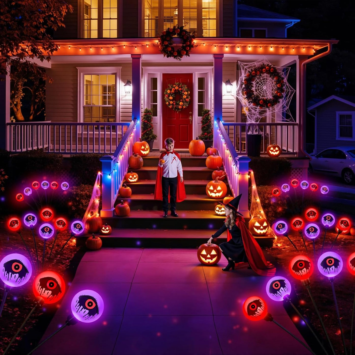 Solar Halloween Lights - 6 Pack 36 LEDs Purple & Orange Waterproof Eyeballs for Outdoor Yard Decor