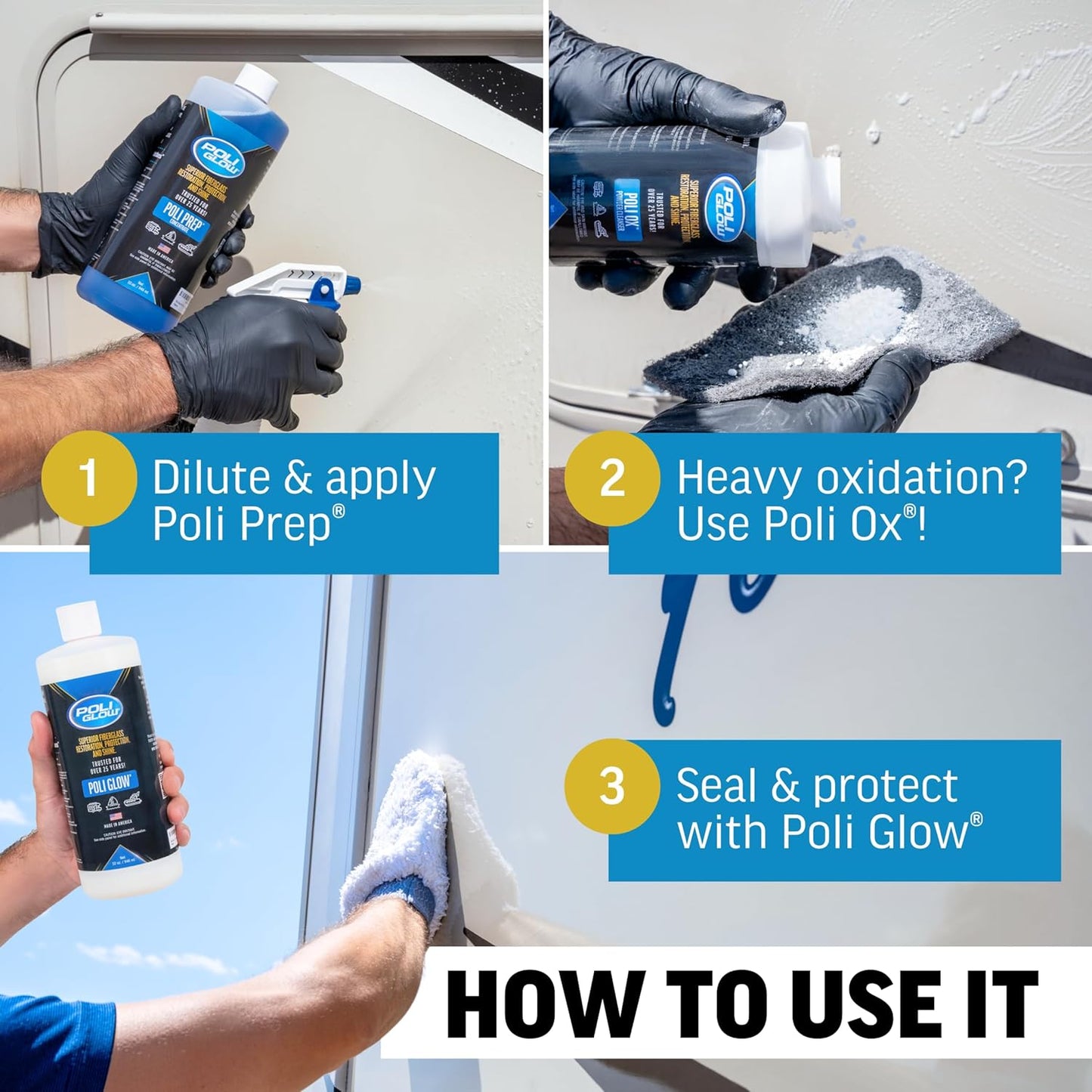 Poli Glow Deluxe Boat & RV Restoration Kit - Removes Oxidation & Seals - Restores High-Gloss Shine to Fiberglass & Gelcoat - Easy 6-in-1 System