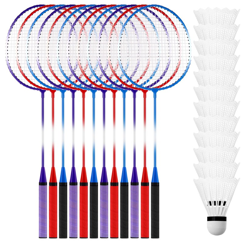 Meooeck 12 Pcs Badminton Rackets Set for Adults and Teenagers Badminton Set with 12 Pcs Nylon Shuttlecocks for Backyard Gym Beach Outdoor Games, Red, Purple and Blue