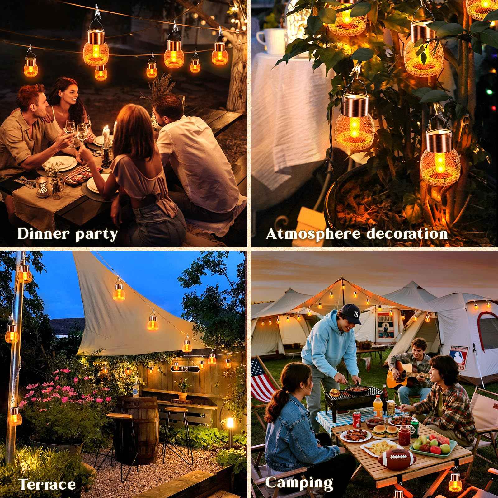 Anordsem Solar Hanging Lights Outdoor: 4 Metal Mesh Flame Lanterns with Clip - Waterproof LED Warm Lighting for Tree Yard Garden Xmas DIY Decor - Christmas Gifts for Homeowners Camper