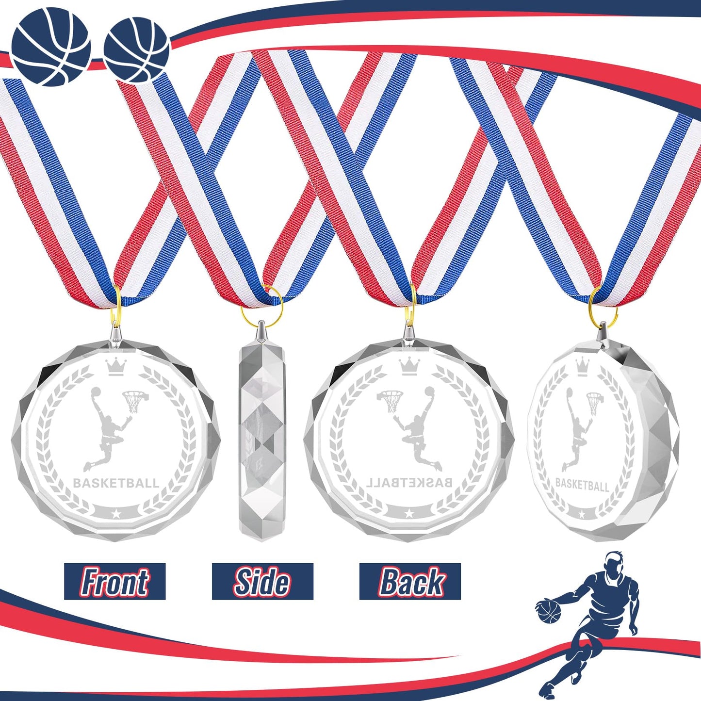 12 Pieces Crystal Award Medals Football Baseball Soccer Basketball Winner Medals, Crystal Medals with Neck Ribbons, Winner Gift Prize Award Medals for Kids Tournaments Match Sports Competition Teams