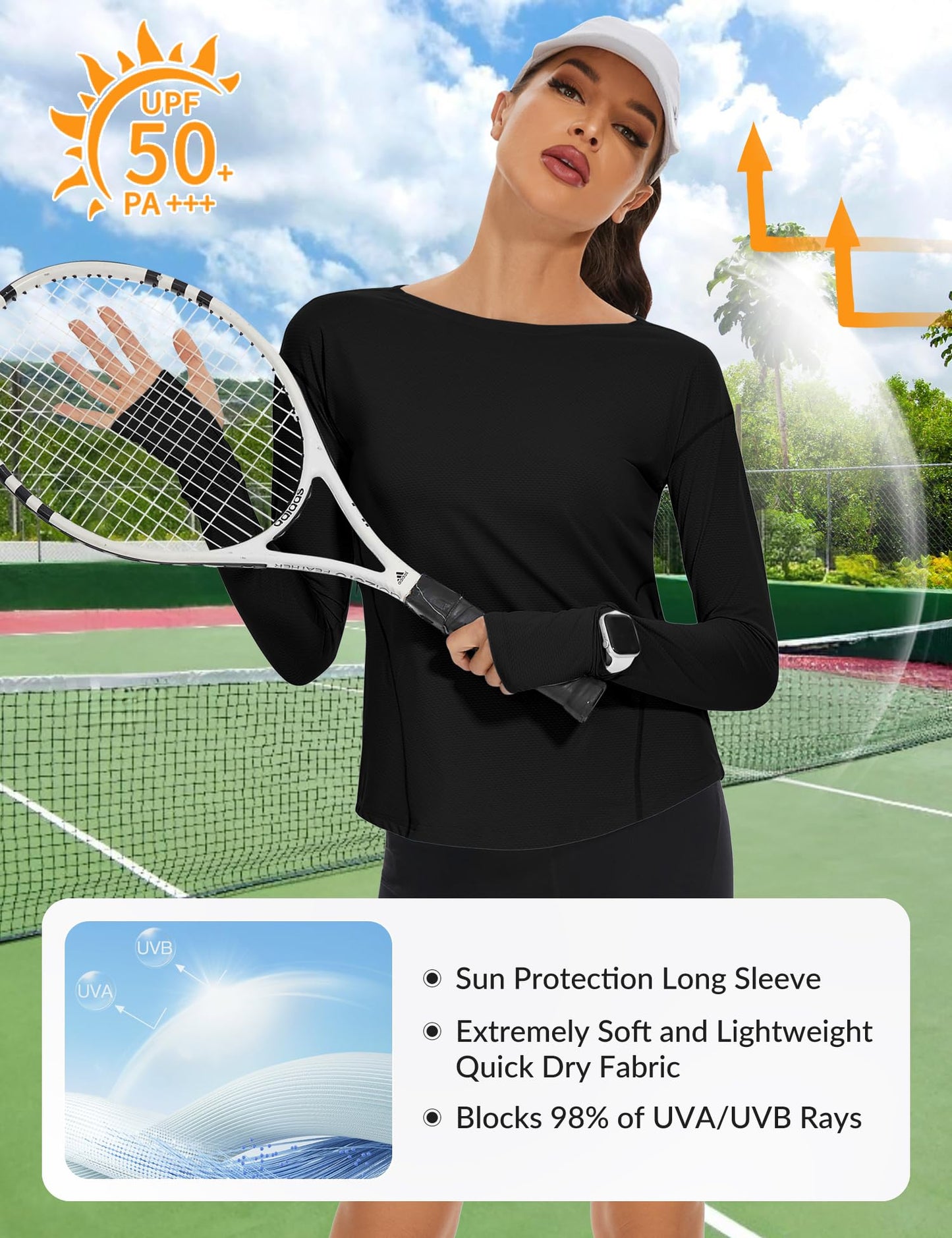 Loovoo Long Sleeve Running Tops for Women UPF 50+ Sun Shirts with Pocket Quick Fit Workout Shirt Boat Neck Yoga Tops Activewear Black Large