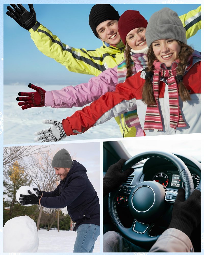 Shyyween 8 Pcs Winter Beanies and Gloves Set for Men Women, Stretchy Knitted Hats Touch Screen Gripper Glove Unisex Warm Gift(Black, Wine Red, Navy Blue, Gray)
