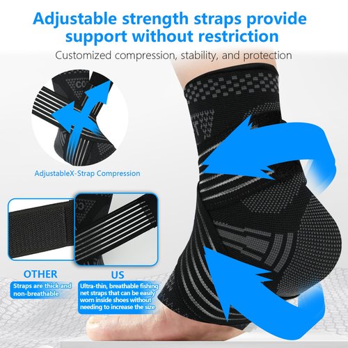 DRNAIETY Copper Ankle Brace for Men & Women - 1 Pair Adjustable Ankle Support Compression Sleeve for Plantar Fasciitis, Achilles Tendonitis, Foot Pain, Swelling, Sprains - Everyday Use (Black,XL)