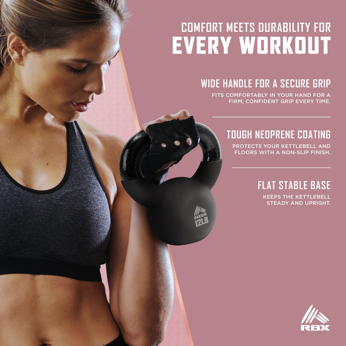 RBX Neoprene Kettlebell, Wide Handle, Iron Core, Flat Bottom, Great for All Fitness Levels (Black, 12.0 Pounds)