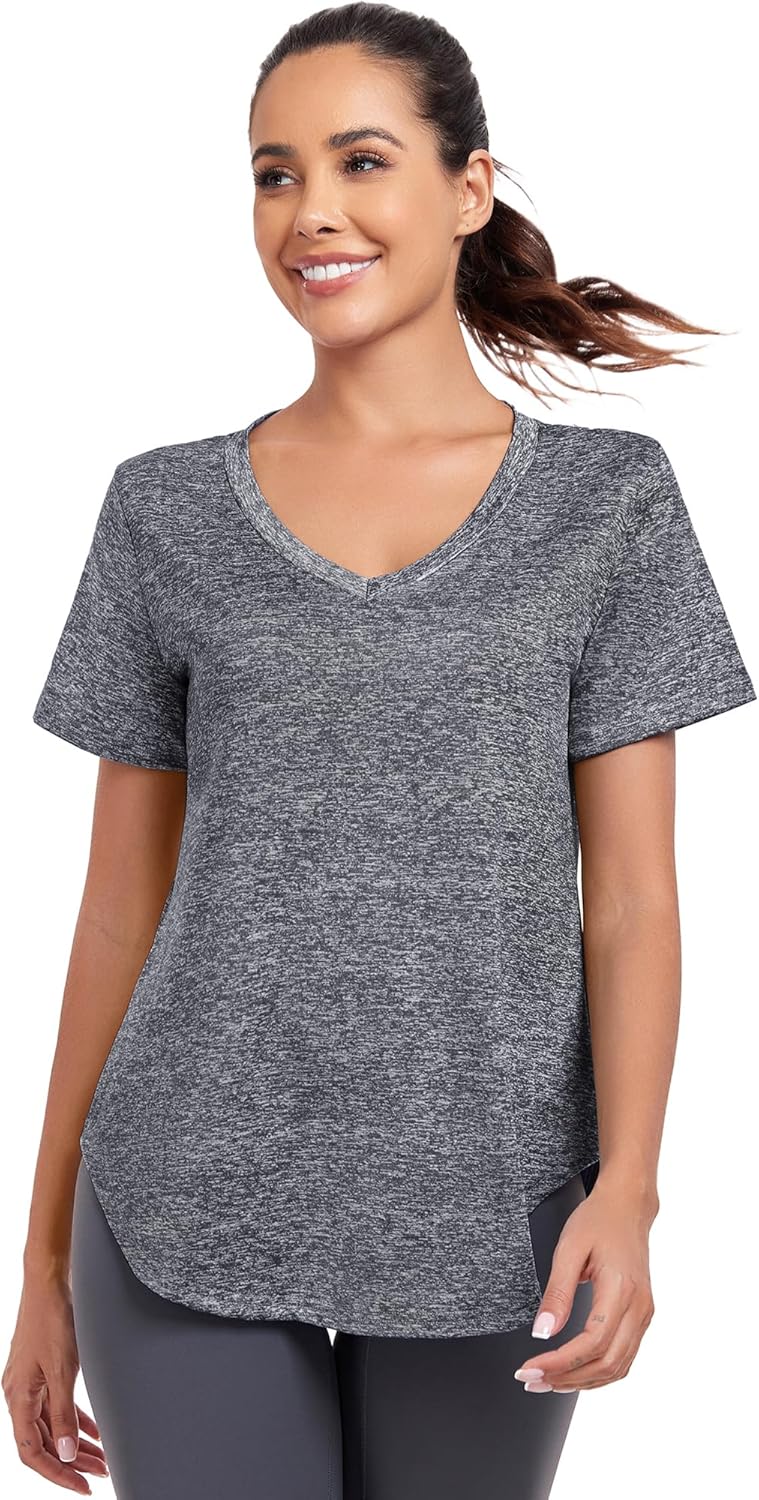 Skiennix Short Sleeve Workout Shirt for Women - Loose Fit V-Neck Yoga & Gym Top | Dry Fit Performance