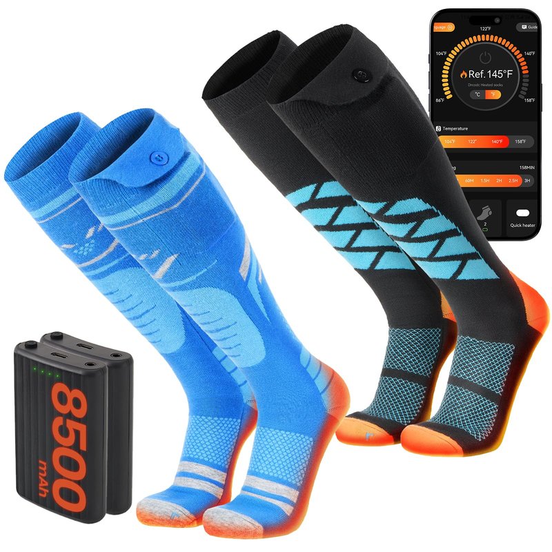 SURGOAL 2 Pairs Heated Socks, 15-Hour Runtime & 145°F Heating, Merino Wool Ski Socks with 2×8500mAh Rechargeable Electric Battery, APP-Controlled Men Women Hunting, Camping (Blue-Orange, OS)