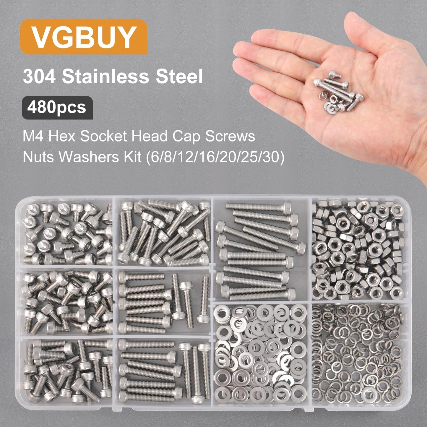 VGBUY 480pcs M4 Screws Assortment, M4 Screws (7 Sizes 6-30mm) for 3D Printer DIY, Hex Socket Head Cap Screw Bolts Nuts Washer Kit, 304 Stainless Steel, 6/8/12/16/20/25/30mm