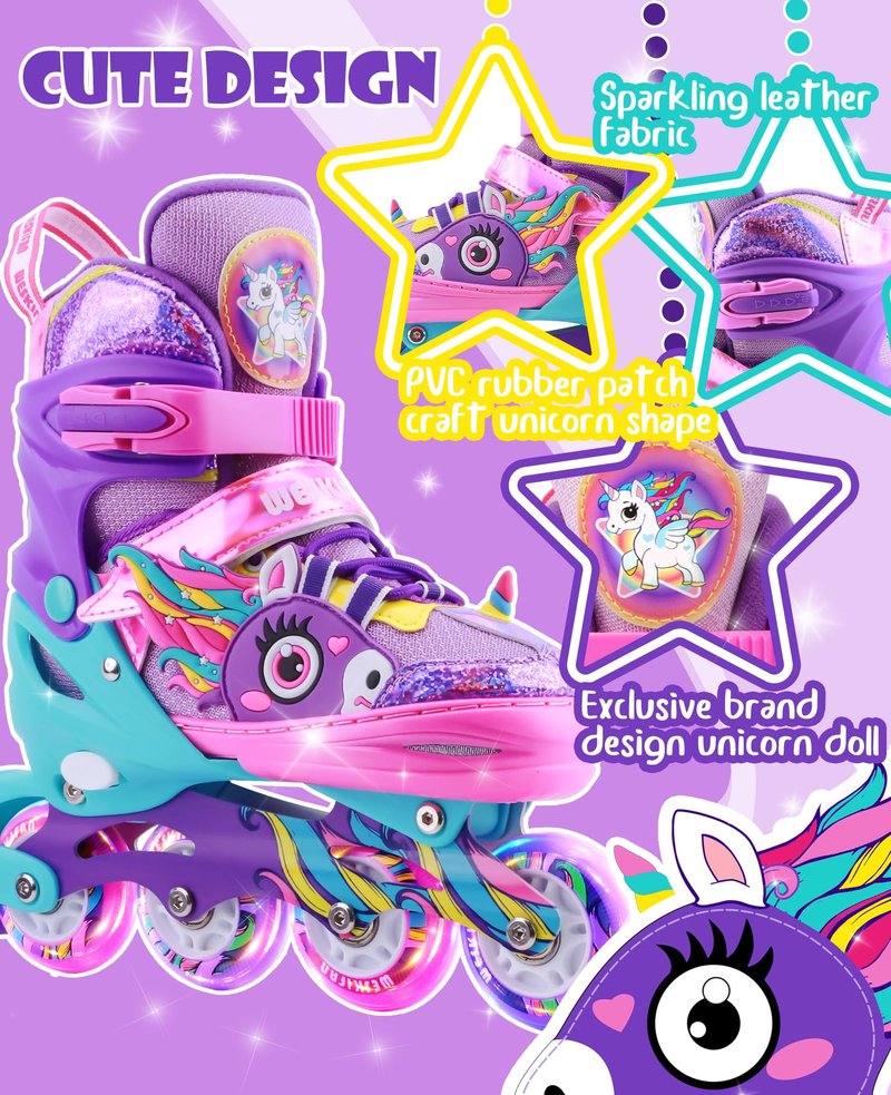 WESKIFAN Unicorn Kids Inline Skates for Girls Women, Rainbow Blades Skates with Shiny Light up Wheels&Adjustable Ages 6-8-12 Year Old, Roller Skates for Birthday Xmas Gifts Toys, Patines para Niñas