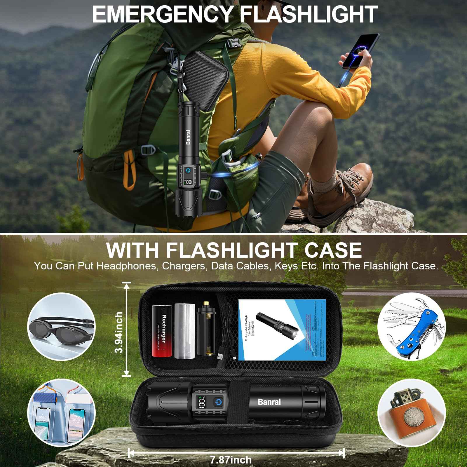 Banral Rechargeable Tactical Flashlights High Lumens - 5000mAh Super Bright LED Powerful Flash Light, Waterproof Handheld USB C Flashlight for Home,Car,Camping,Emergencies,5 Modes,Zoomable (1, Black)