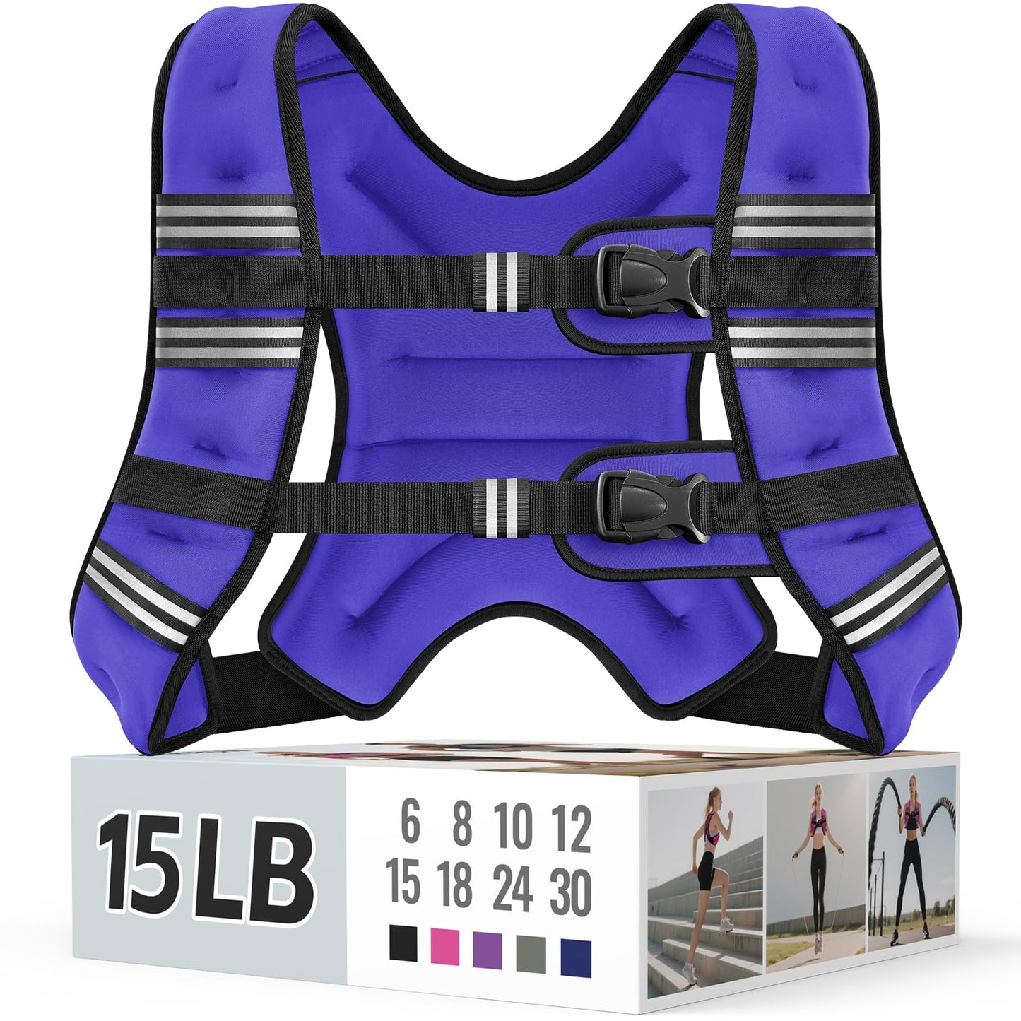 Zeerun Weighted Vest, 6lb/8lb/10lb/12lb/15lb/18lb/20lb/24lb/30lb for Men Women, Reflective Stripe Adjustable Buckle, Comfortable Durable Rucking Vest for Walking Running Strength Training, 15LBS-Purple