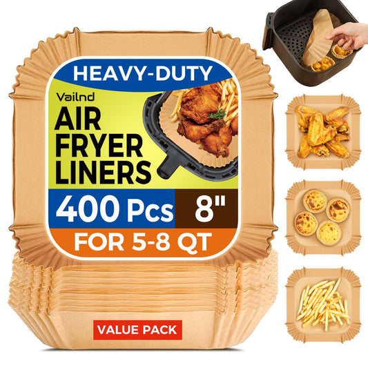 400 Pcs Air Fryer Paper Liners, 8" Square Air Fryer Liners Disposable, Heavy-Duty Parchment Paper for 5-8 qt Airfryer Basket, Non-Stick & Grease-Proof Baking Liner for Oven Pan