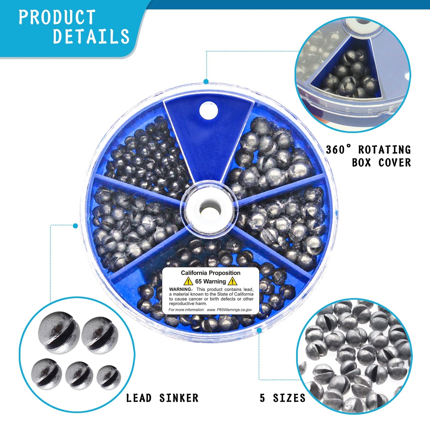 Gefischtter 205pcs Fishing Weight Sinkers Lead Weights Round Split Shot Sinker Removable Fishing Line Sinkers 5 Sizes