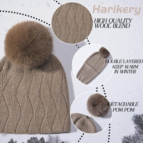 Knit Hat Scarf Set with Detachable Pom Pom, Wool Blend Winter Beanie & Long Scarf, Cold Weather Accessories for Women Beige