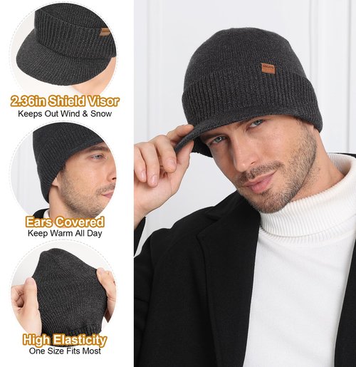 Wmcaps Mens Winter Beanie with Brim - Fleece Lined Thermal Knit Visor Hat for Cold Weather Black
