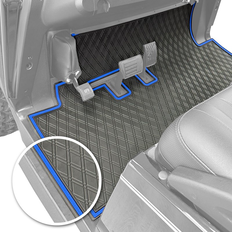Xtreme MATS Rubber Golf Cart Mat for Bintelli Golfcars, Full Coverage Rubber Front Floor Liner Protects OEM Factory Flooring Compatible with Bintelli Beyond & Nexus (Blue Trim)