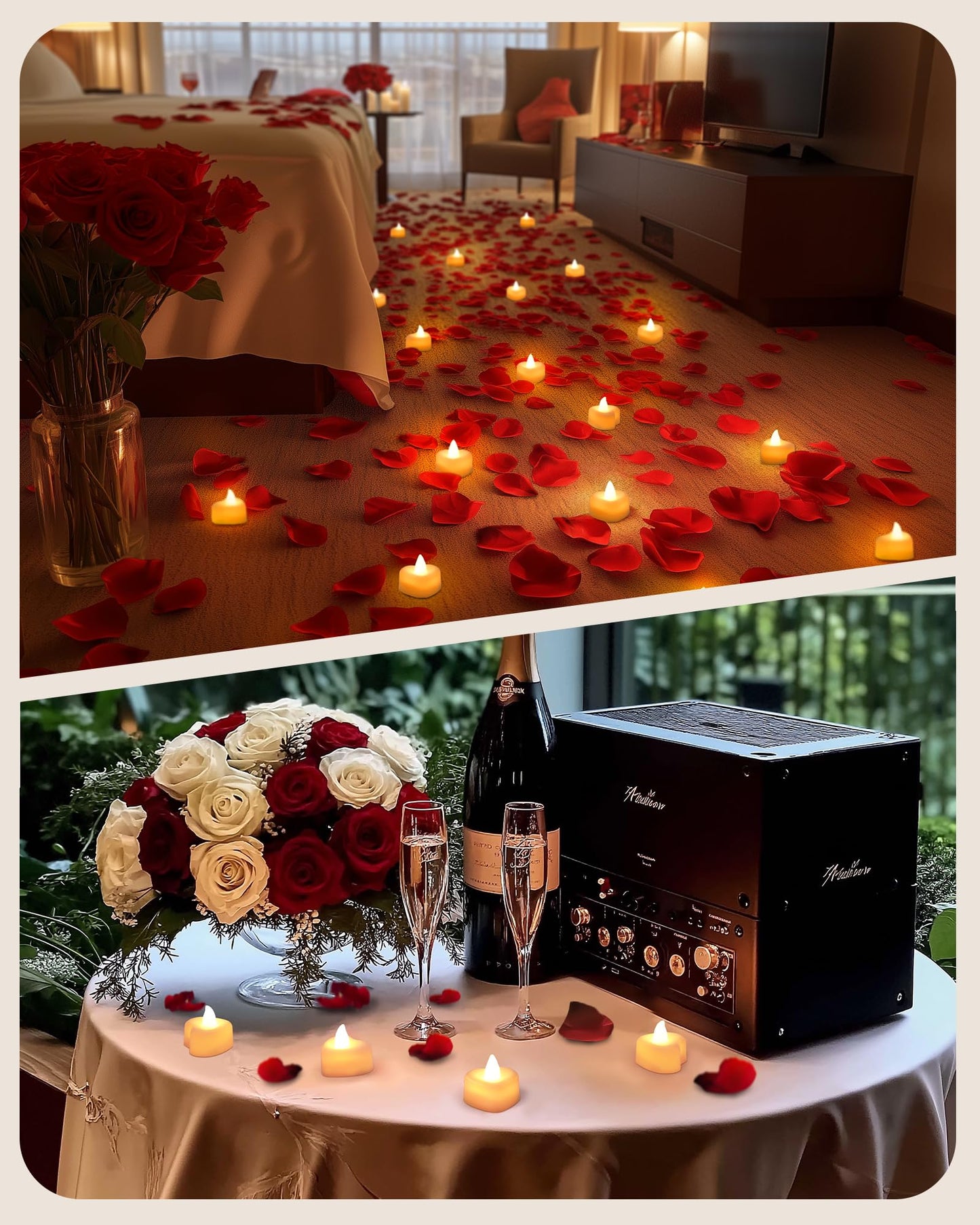 Amagic 2000 Pieces Artificial Rose Petals with 24 Heart LED Tea Lights Candles Kit, Rose Petals and Candles Set for Proposal, Anniversary, Special Romantic Night, Wedding Table Decor, Birthday