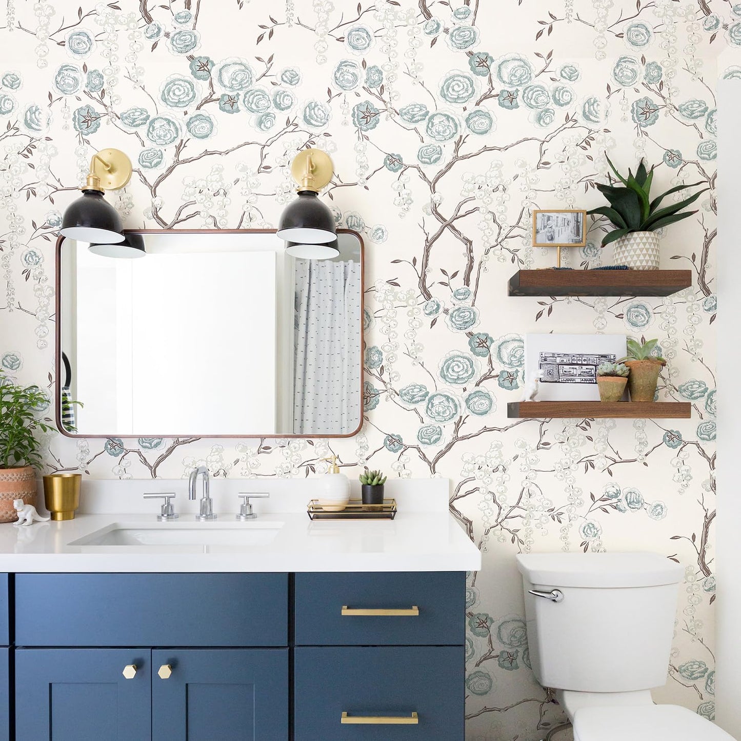 Orainege Blue Peony Floral Wallpaper Peel and Stick Wallpaper Floral Contact Paper Self Adhesive Removable Wall Paper for Bedroom Bathroom Decorative 17.7"x118.1"