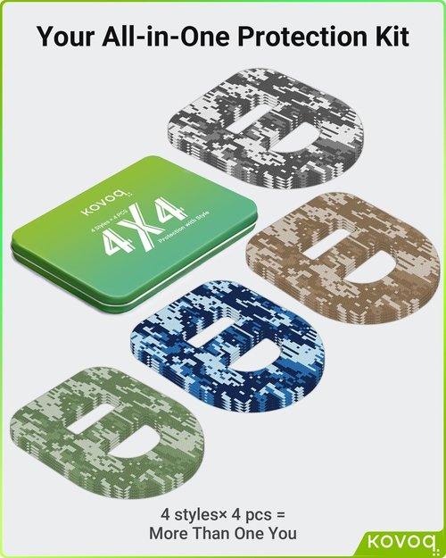 Kovoq Omnipod 5 Overpatches, 16 Pack Waterproof Sweatproof Pod Pals Omnipod 5 Adhesive Overlay, Pre-Cut Adhesive Patch with Strap for Sensitive Skin, Breathable Reusable Tin (Camo)