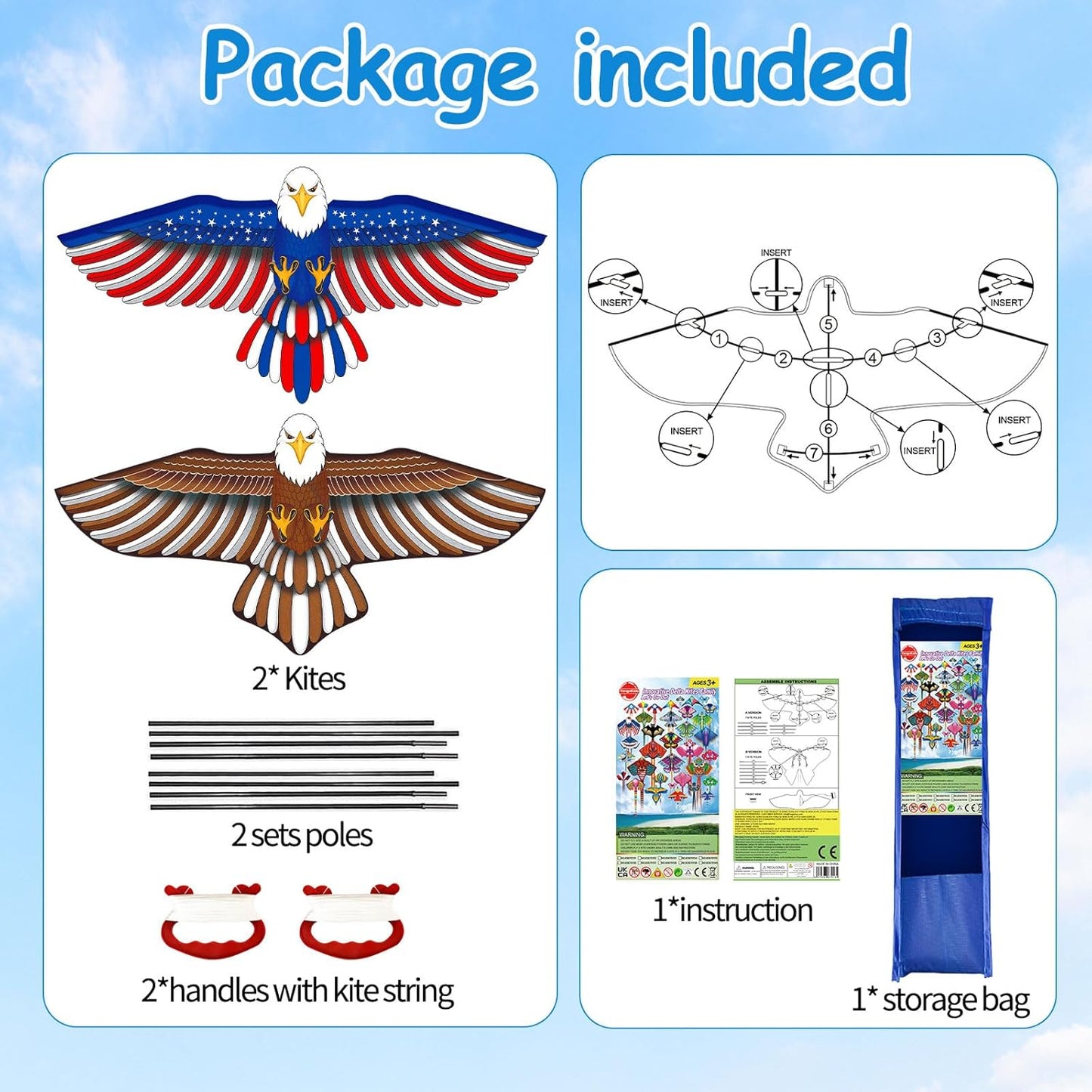 Patriotic Eagle & Dragon Kites by [Brand Name] - Easy to Fly Huge 2-Pack for Kids & Adults | 328FT String Included