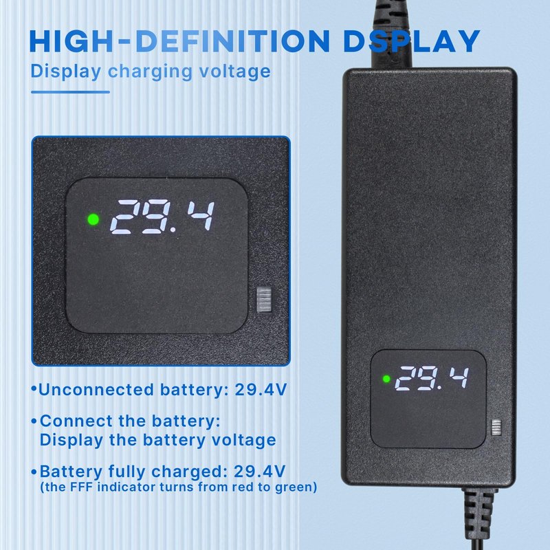 YZPOWER 29.4V 4A Power Adapter for 24V/25.2V Li-Ion Batteries 3-Pin XLR Connector, Smart 24 Volt Power Supply with Display Built-in Fan