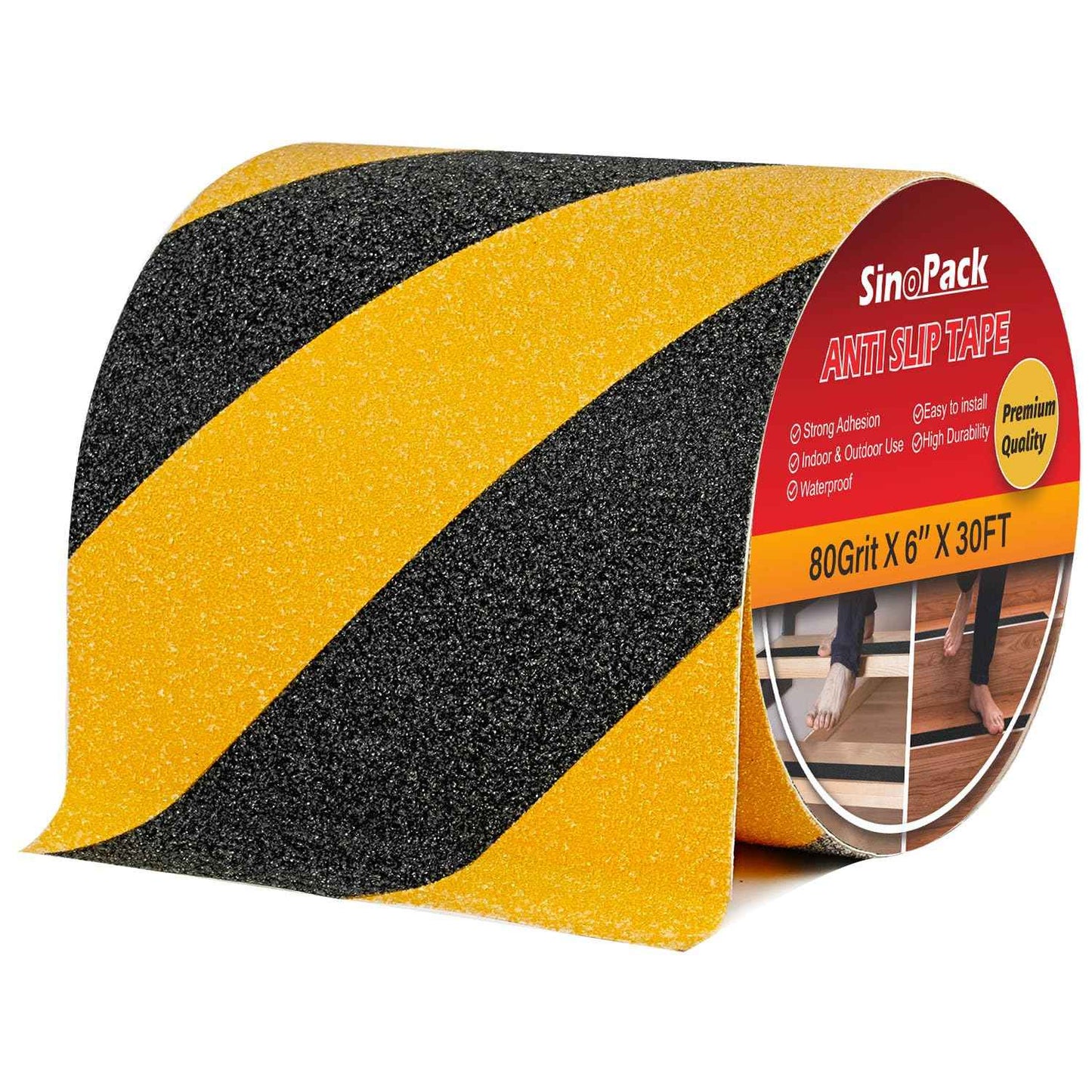 SinoPack Anti Slip Tape Black Yellow 6Inch x 30FT Non Skid Tape, Best Grip Non Slip Strips Tape High Traction Friction Abrasive Adhesive for Stairs Step Indoor Outdoor