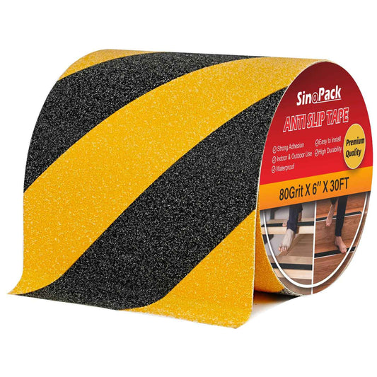 SinoPack Anti Slip Tape Black Yellow 6Inch x 30FT Non Skid Tape, Best Grip Non Slip Strips Tape High Traction Friction Abrasive Adhesive for Stairs Step Indoor Outdoor
