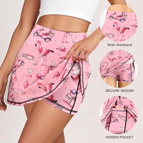 Flamingo Tennis Golf Skirts High Waisted with Pockets Inner Shorts for Athletic Skorts Workout Running Pickleball M