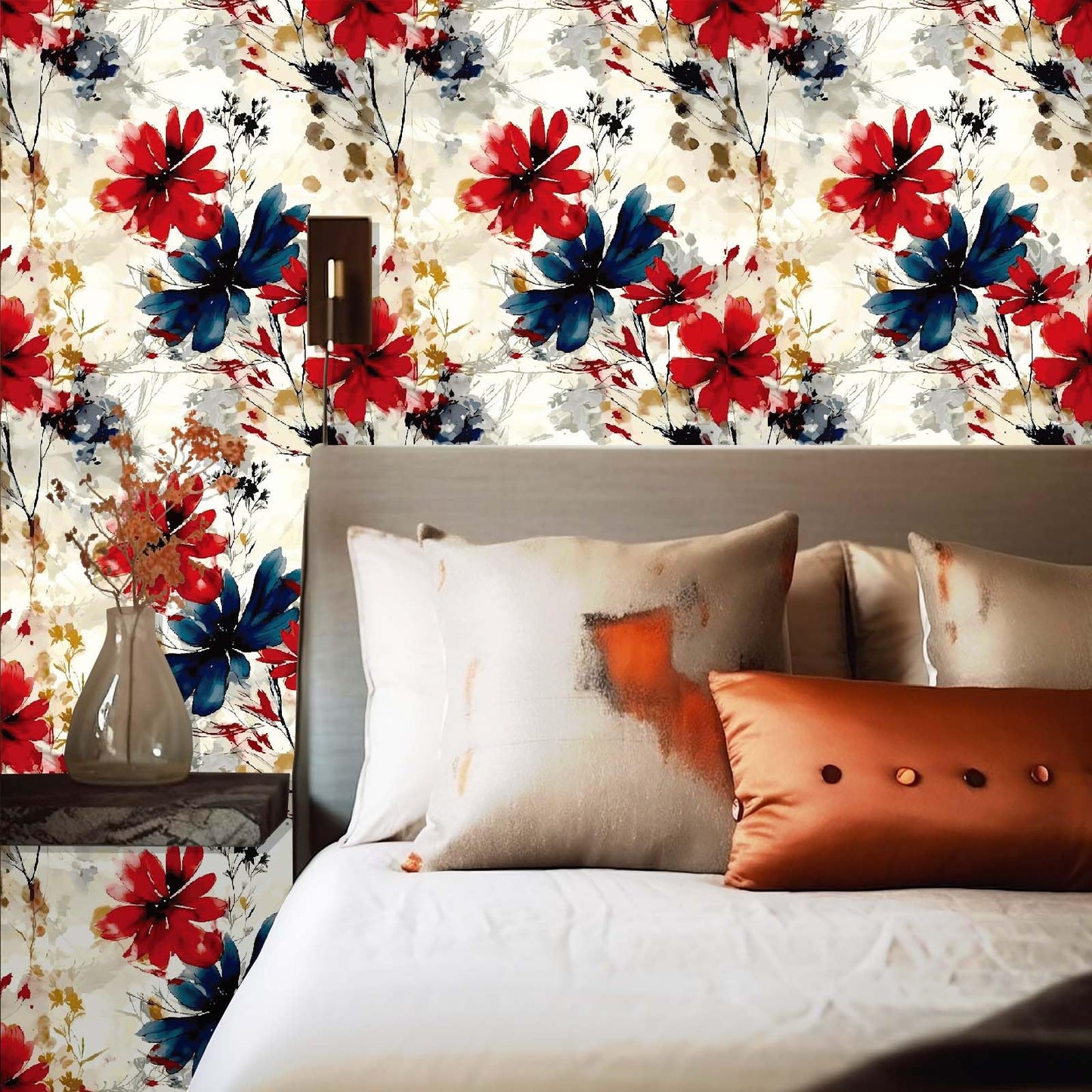 Akodm Large Red Floral Peel and Stick Wallpaper Vintage Removable Self-Adhesive Contact Paper Vinyl Thick Waterproof Renter Friendly Funky Flower Accent Wall for Bathroom 17.7"x70.8"