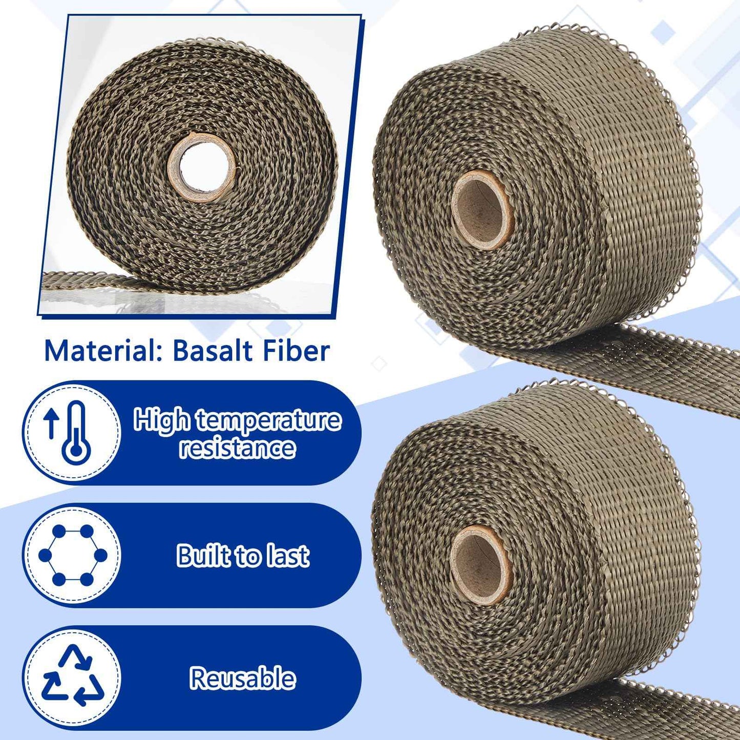 Gisafai 2 Rolls 1.97'' x 16.4' Fireproof Pipe Wrap Basalt Fiber Heat Shield Tape Heat Resistant Pipe Insulation Anti Scalding Chimney Ribbon Stove Flue Protector with Clamp for Motorcycle Exhaust