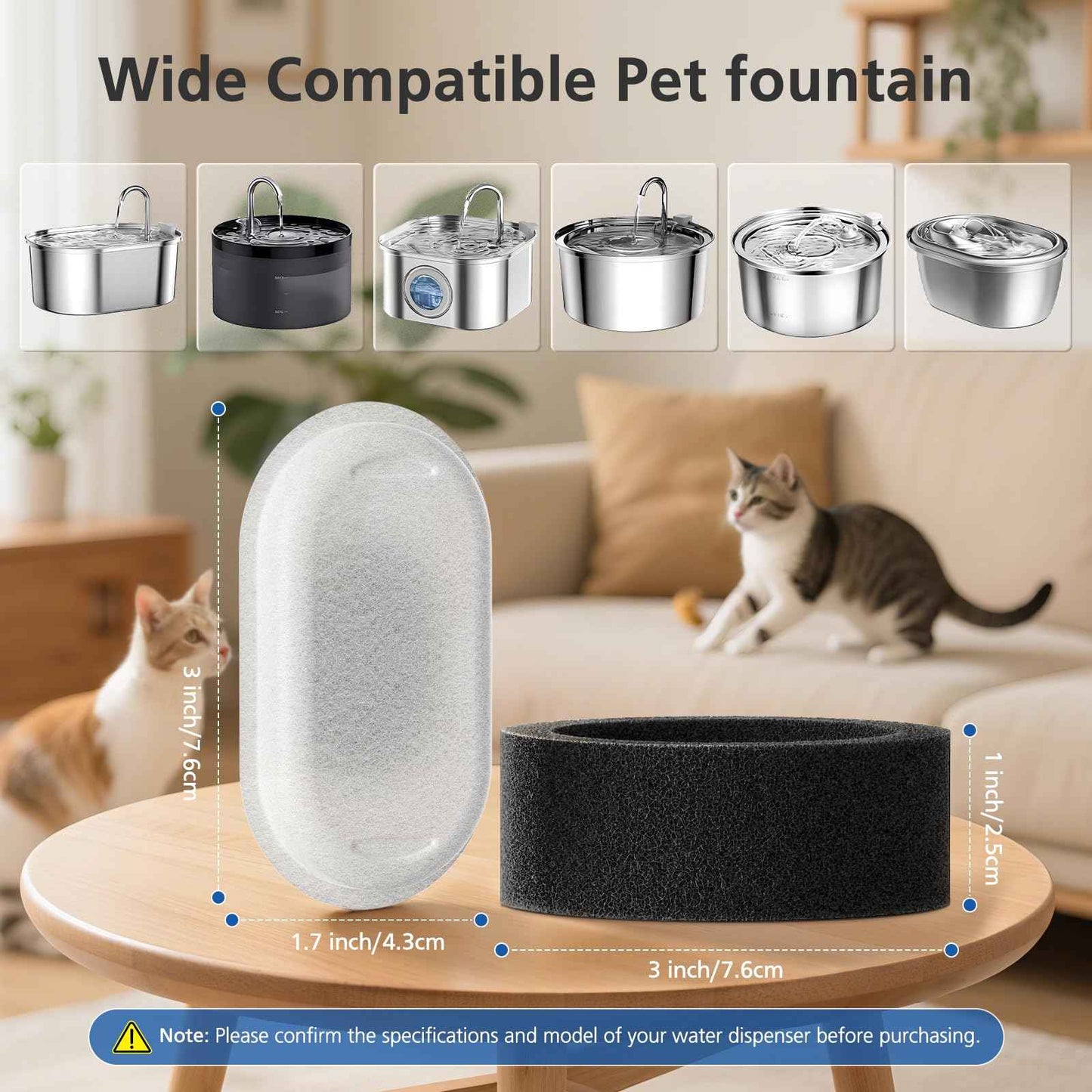 50 Pack Cat Water Fountain Filters for 108/3.2L& 67oz/2L Stainless Steel Pet Water Dispenser Cat/Dog Fountain Filter Replacement(25 Filters & 25 Sponges)