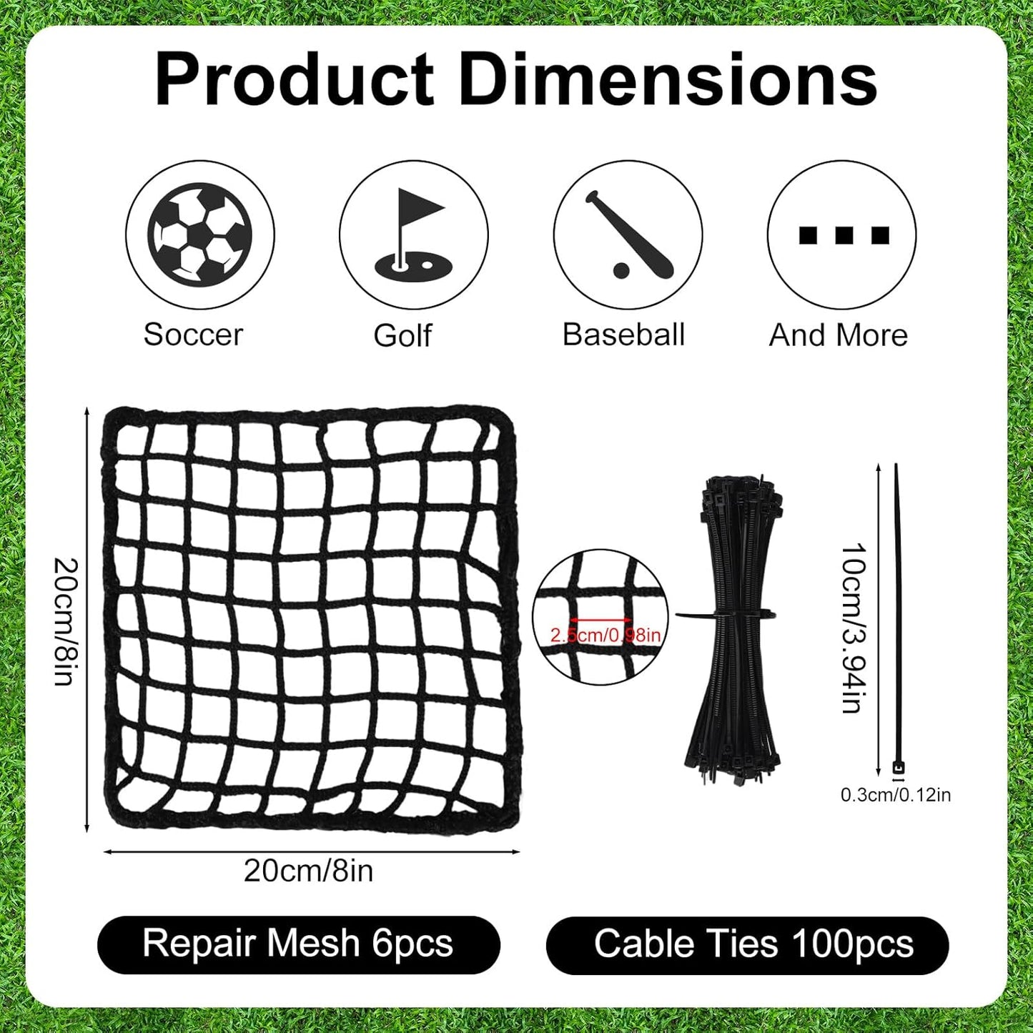 Penitue Universal Sports Net Repair Kit - 6 Pack with Nylon Zip Ties & Polyester Patches (Black, 20x20cm)