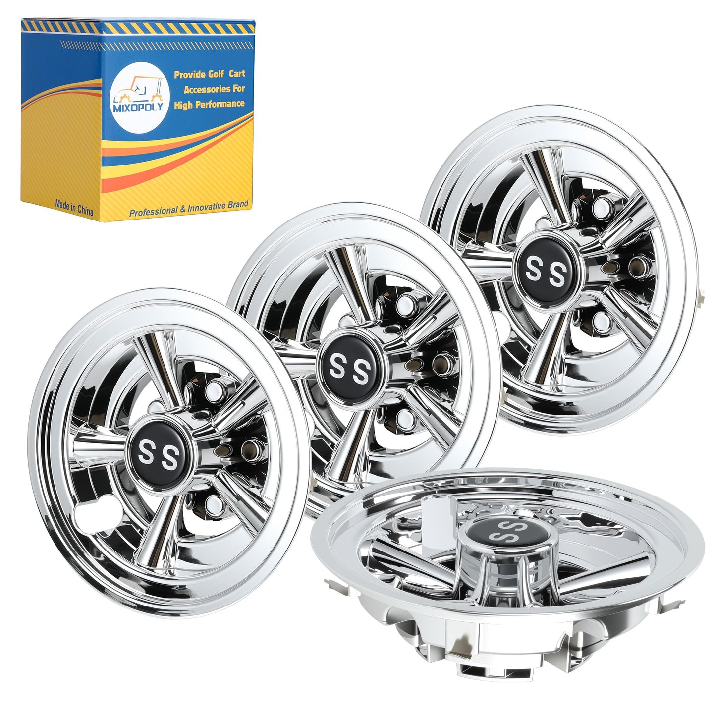 8 Inch (Set of 4) Golf Cart Wheel Covers Hub Caps Direct Fit for EZGO, Yamaha, Club Car SS Chrome 5-Spoke Snap-on Installation Rust-Proof Weather-Resistant