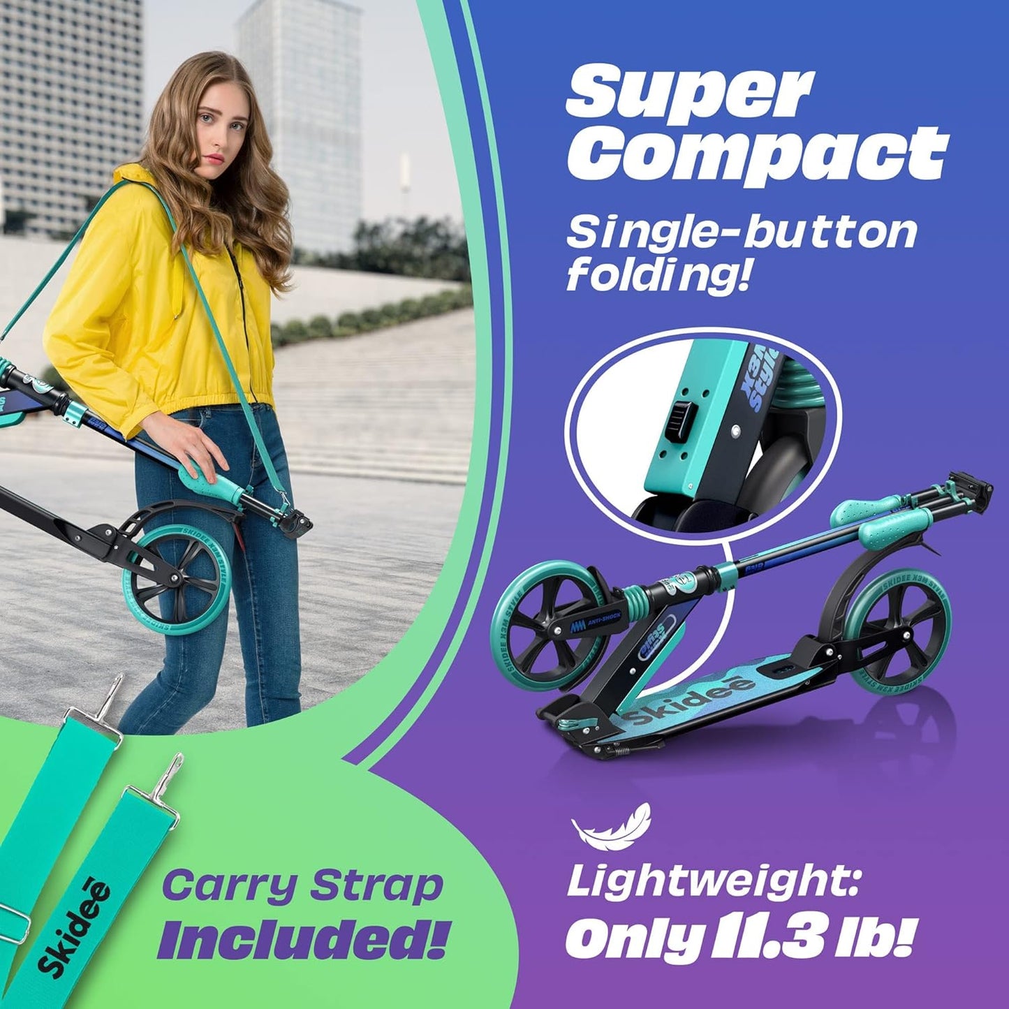 Skidee Adult & Teen Scooter - Adjustable Height, Lightweight & Durable Design | Large Wheels, Anti-Shock Suspension, 220 lbs Capacity