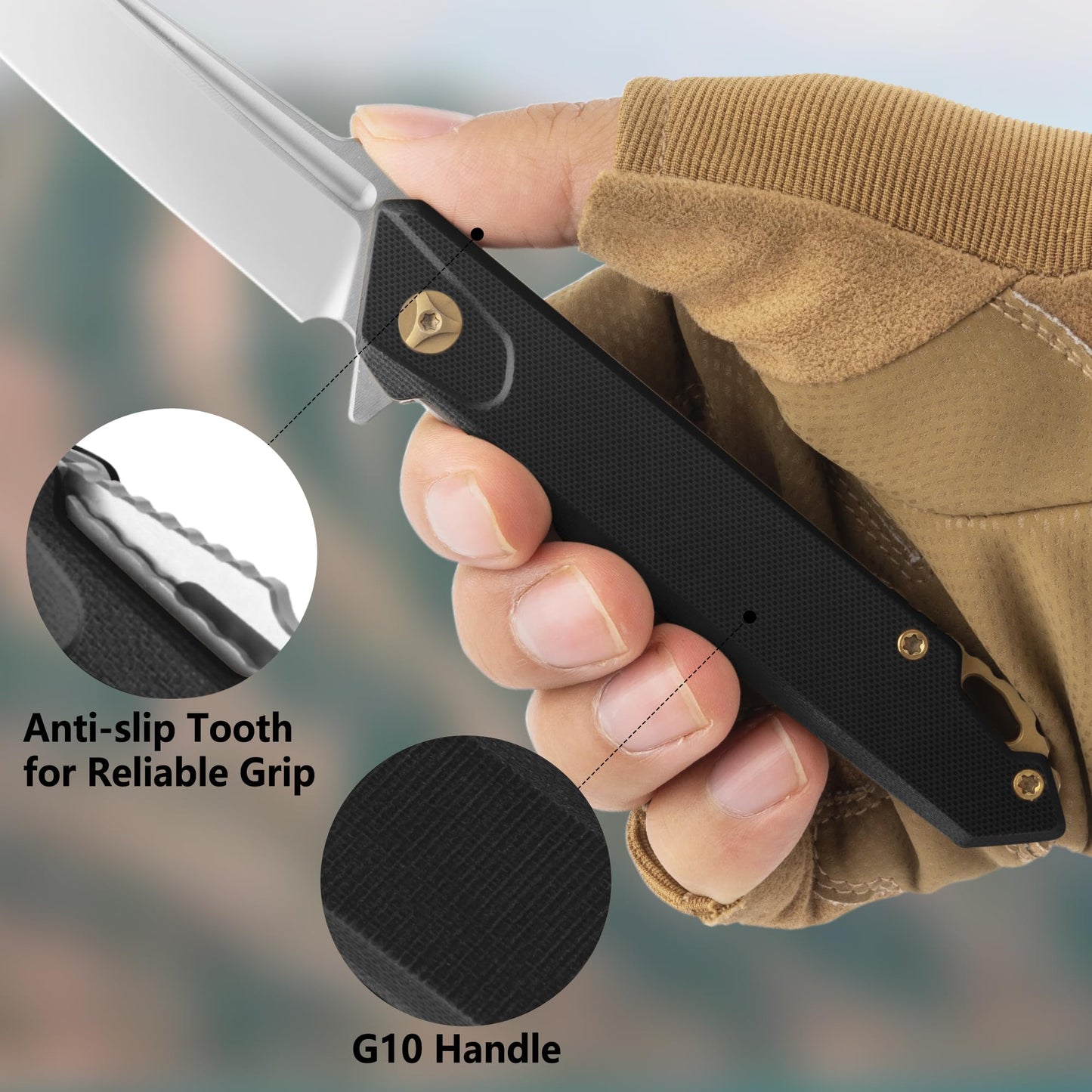 FLISSA Folding Pocket Knife, EDC Knife with D2 Steel Blade and G10 Handle, Pocket Clip, Suitable for Camping, Hiking, Fishing, Daily Use, Outdoor Activities(Black)