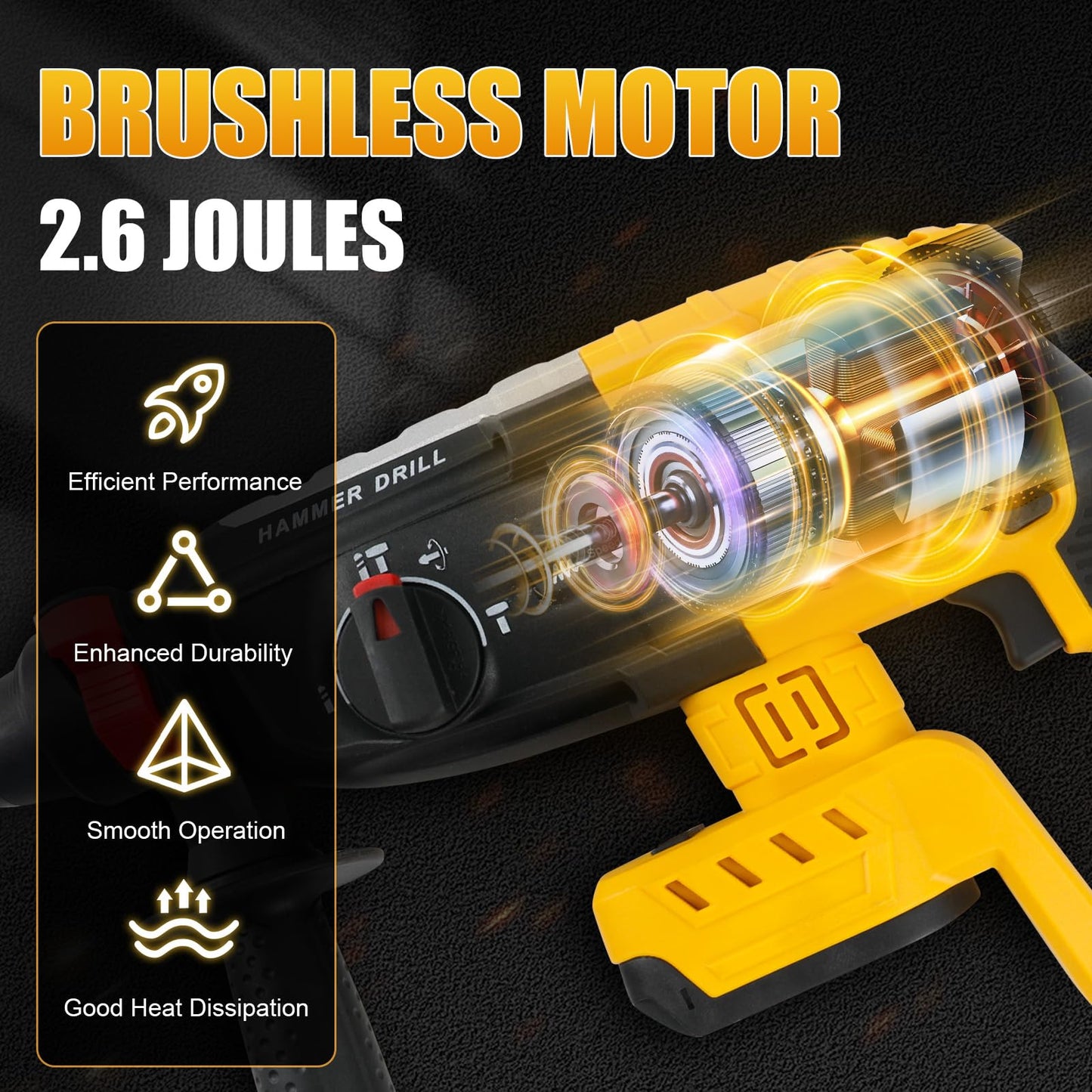 Gpaentsn Cordless Rotary Hammer Drill (Tool Only) Compatible with DEWALT 20V Max | 2.6J Impact | SDS-Plus Chuck | 4-Mode | Brushless Motor (Battery not Included)