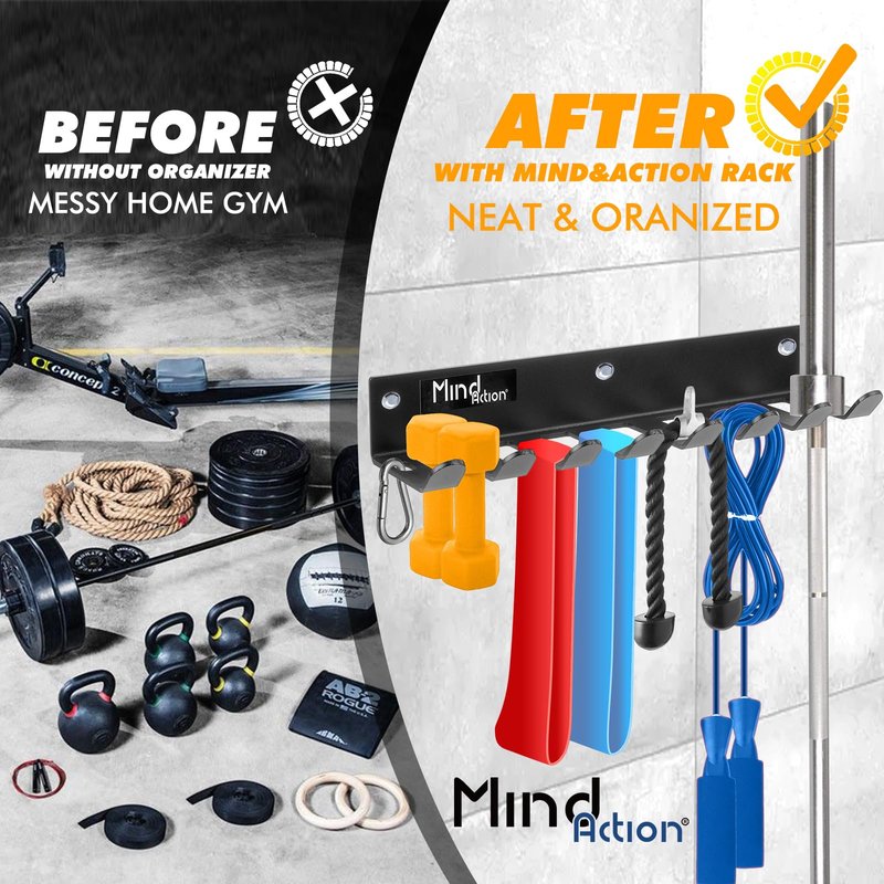 Gym Storage Organizer, Wall Mount Barbell Holder, Multi-Purpose Garage Gym Equipment Wall Rack, Barbell Hanger, Space Saving Gym Attachment Rack for Resistance Bands, Jump Ropes, Lifting Belt