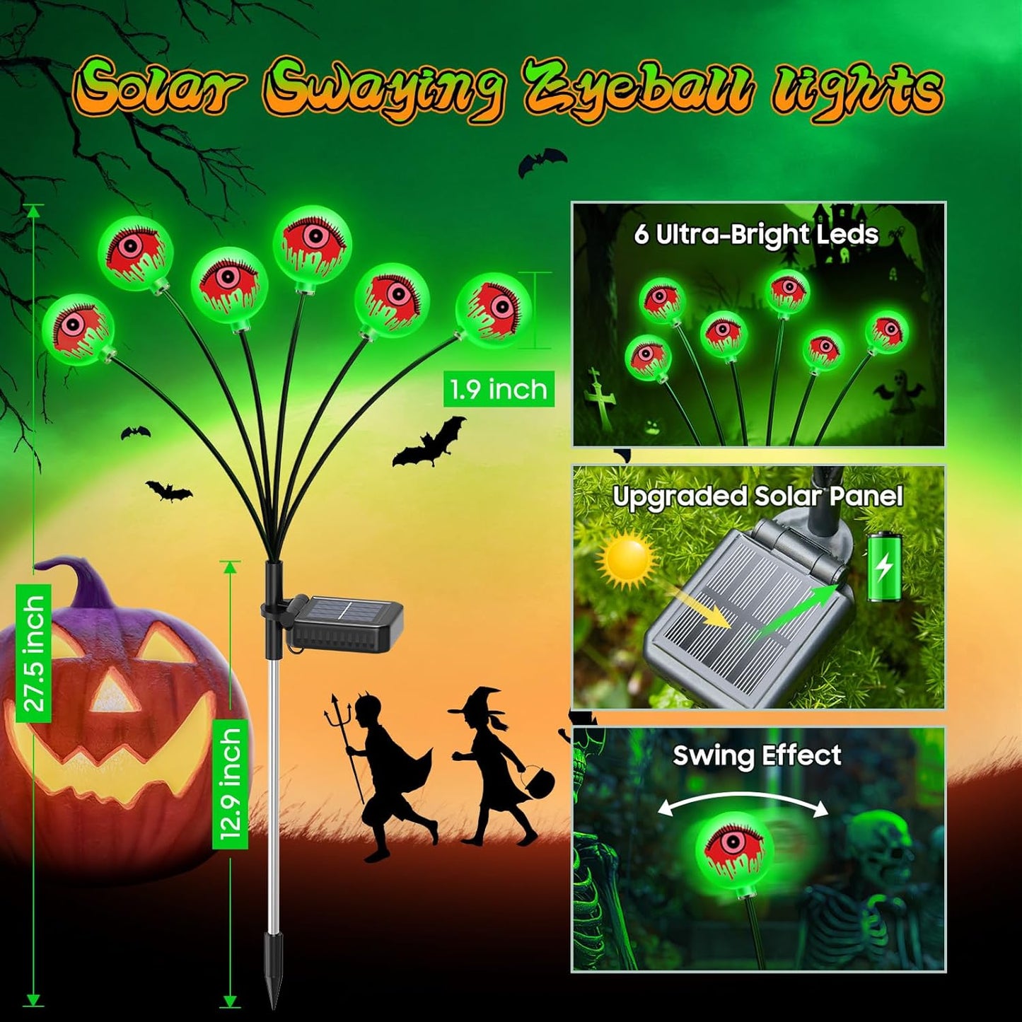Solar Halloween Eyeball Lights - 6 Pack 36 LED Green Scary Pathway Decor