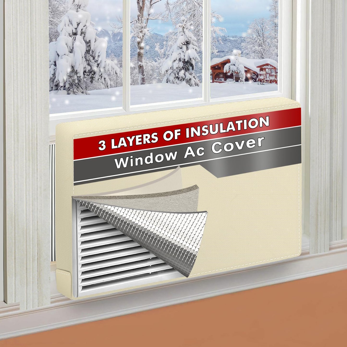 Air Conditioner Covers for Inside 21" W x 15" H x 3.5" D, Windproof and Waterproof 3 Layers Insulation Window Air Conditioner Cover with Aluminum Foil and 2mm Foam, Beige
