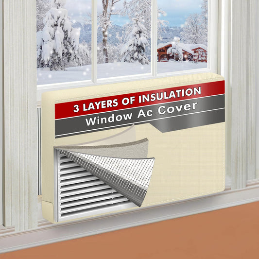 Air Conditioner Covers for Inside 21" W x 15" H x 3.5" D, Windproof and Waterproof 3 Layers Insulation Window Air Conditioner Cover with Aluminum Foil and 2mm Foam, Beige