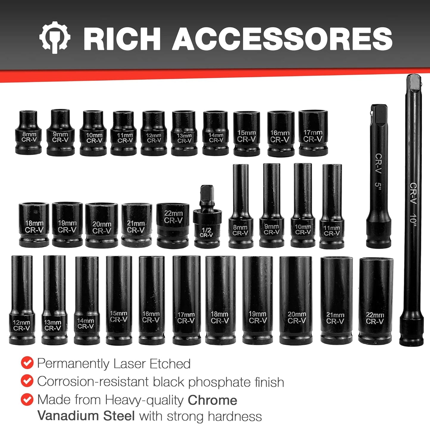 29-Piece Deep Impact Socket Set with Extensions | SAE & Metric Cr-V Steel