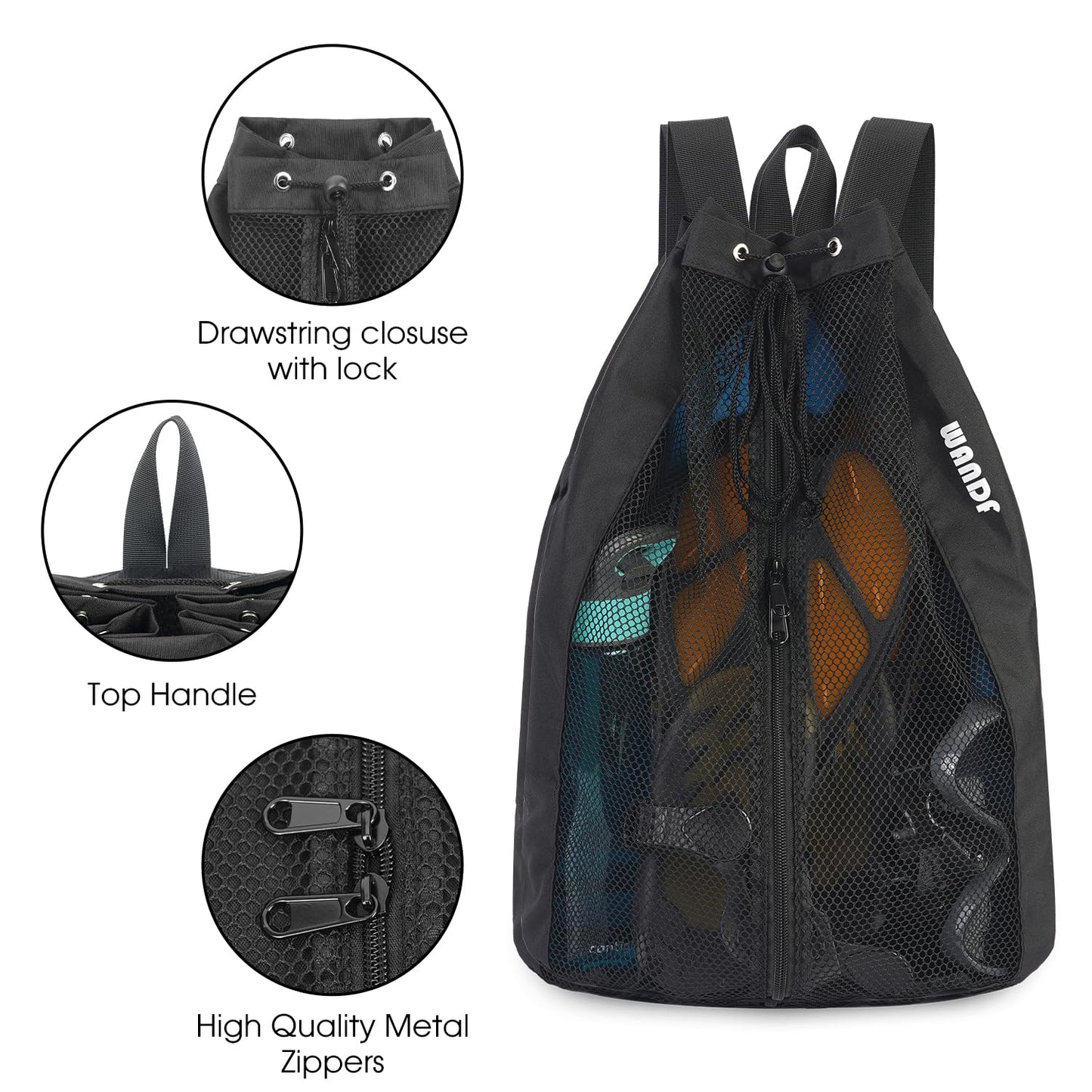 WANDF Swim Bag for Swimmers, Mesh Beach Backpack (M,Black)