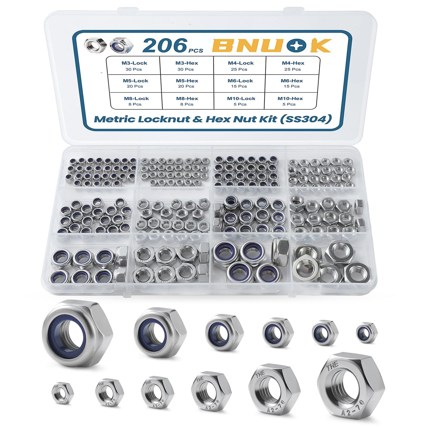 BNUOK 206PCS Metric Locknuts and Hex Nuts Assortment Kit, M3 M4 M5 M6 M8 M10 Nylon Insert Lock Nuts Set, 304 Stainless Steel Hex Nut Nylock Nut