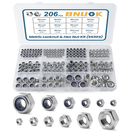 BNUOK 206PCS Metric Locknuts and Hex Nuts Assortment Kit, M3 M4 M5 M6 M8 M10 Nylon Insert Lock Nuts Set, 304 Stainless Steel Hex Nut Nylock Nut