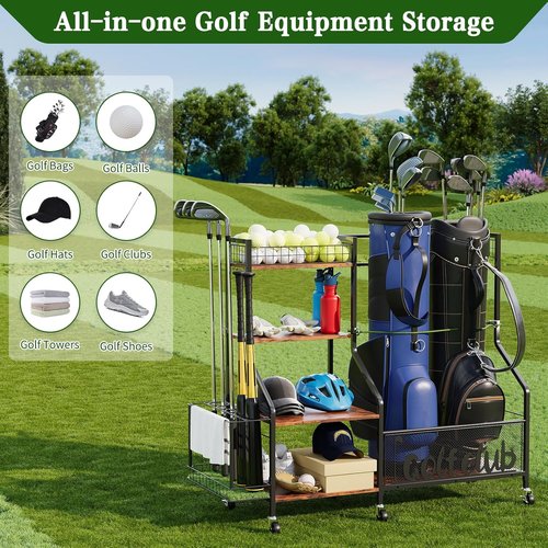 HavenlyYouth Golf Bag Storage Organizer - 360° Swivel Wheels, Wood Shelves, Fits 2 Bags, Anti-Tip Straps