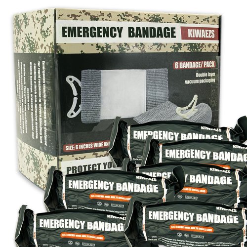 KIWAEZS Israeli Style Emergency Bandage - 6 Inch, Sterile Vacuum Sealed - Combat Tactical First Aid Kit IFAK Supplies - Compression Trauma Wound Dressing, 6 Count