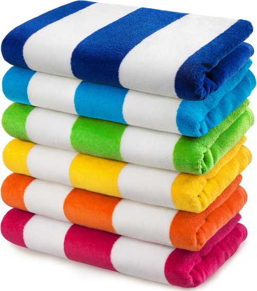 Cabana Stripe Beach & Pool Towels - Soft, Absorbent Eco-Friendly Terry & Velour | 6 Pack, 30in x 60in