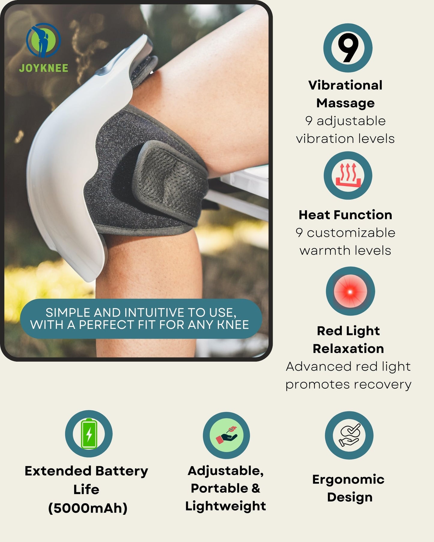 JoyKnee Cordless Knee Massager with Heat & Red Light Therapy – Adjustable Heat & Vibration – Lightweight, Portable & Multi-Use for Knees, Shoulders & Elbows – Relaxing and Comfortable Design