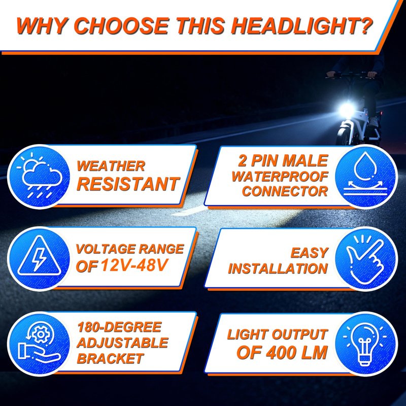 Electric Bicycle Headlight, 4Pcs LED 400 Lumens, 24V 36V 48V Compatible, Waterproof 2 Pin Connector, Ebike Front Light for Night Riding